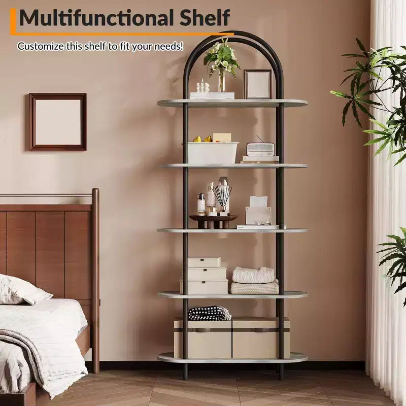 71 Arched Bookshelf, 5-Tier Tall Bookcase with Metal Frame, Freestanding Open Display Shelf for Living Room, Bedroom, Home Office
