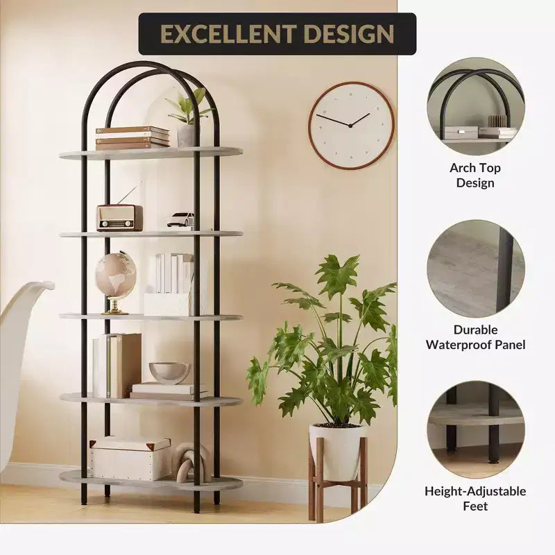 71 Arched Bookshelf, 5-Tier Tall Bookcase with Metal Frame, Freestanding Open Display Shelf for Living Room, Bedroom, Home Office