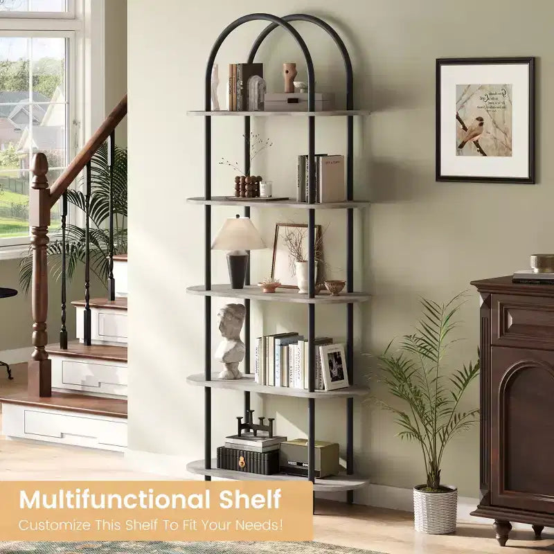 71 Arched Bookshelf, 5-Tier Tall Bookcase with Metal Frame, Freestanding Open Display Shelf for Living Room, Bedroom, Home Office