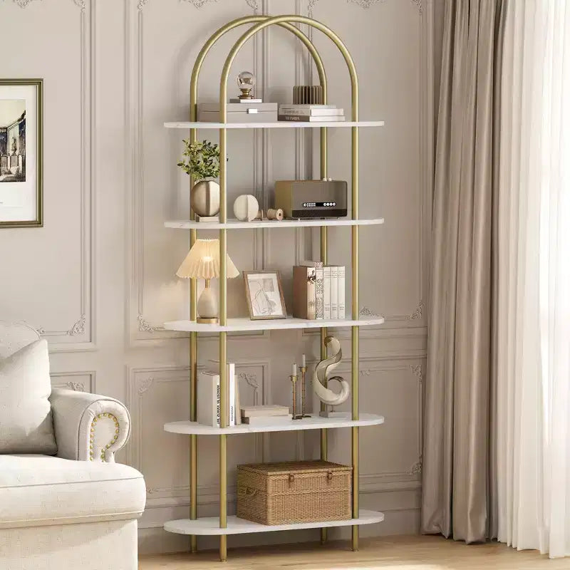 71 Arched Bookshelf, 5-Tier Tall Bookcase with Metal Frame, Freestanding Open Display Shelf for Living Room, Bedroom, Home Office