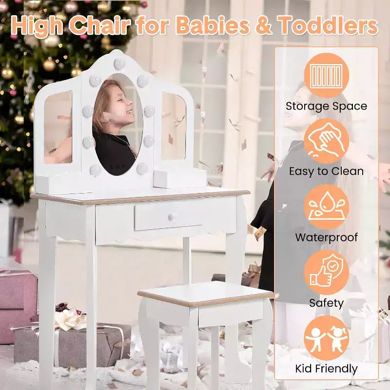 Vanity Set with 3 Mirrors, Pretend Play Girls Vanity Table and Chair Set with Lighted Mirror