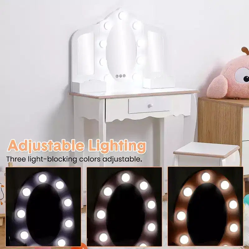 Vanity Set with 3 Mirrors, Pretend Play Girls Vanity Table and Chair Set with Lighted Mirror