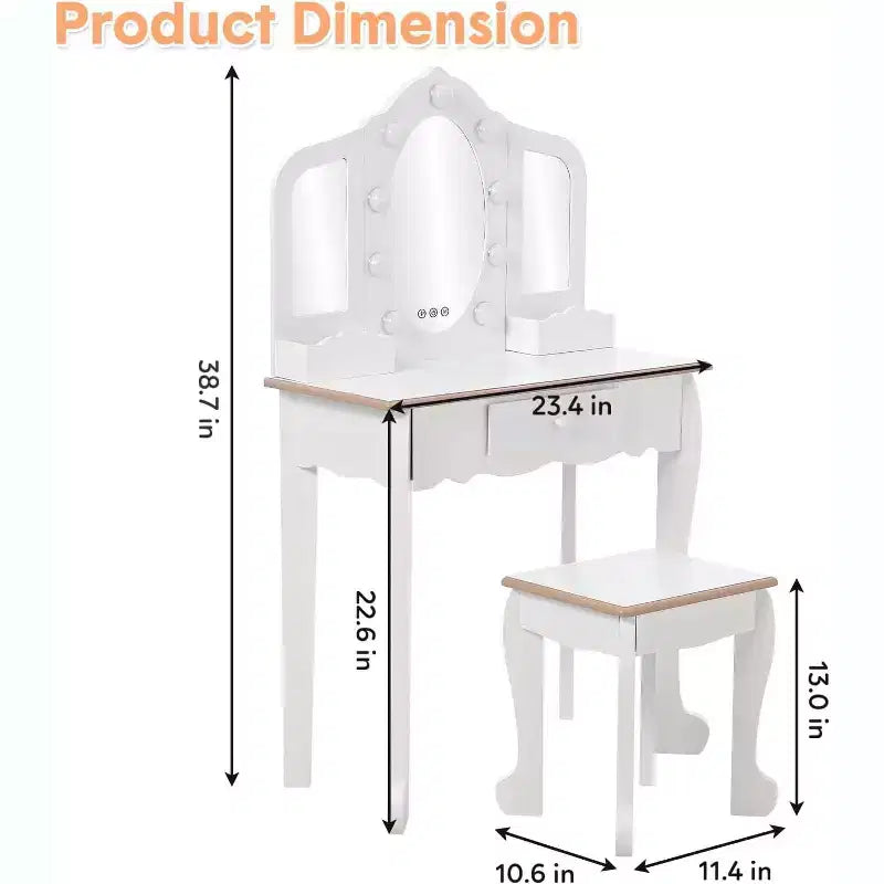 Vanity Set with 3 Mirrors, Pretend Play Girls Vanity Table and Chair Set with Lighted Mirror