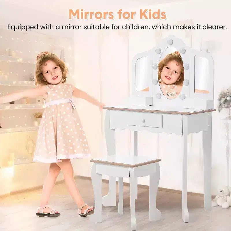 Vanity Set with 3 Mirrors, Pretend Play Girls Vanity Table and Chair Set with Lighted Mirror
