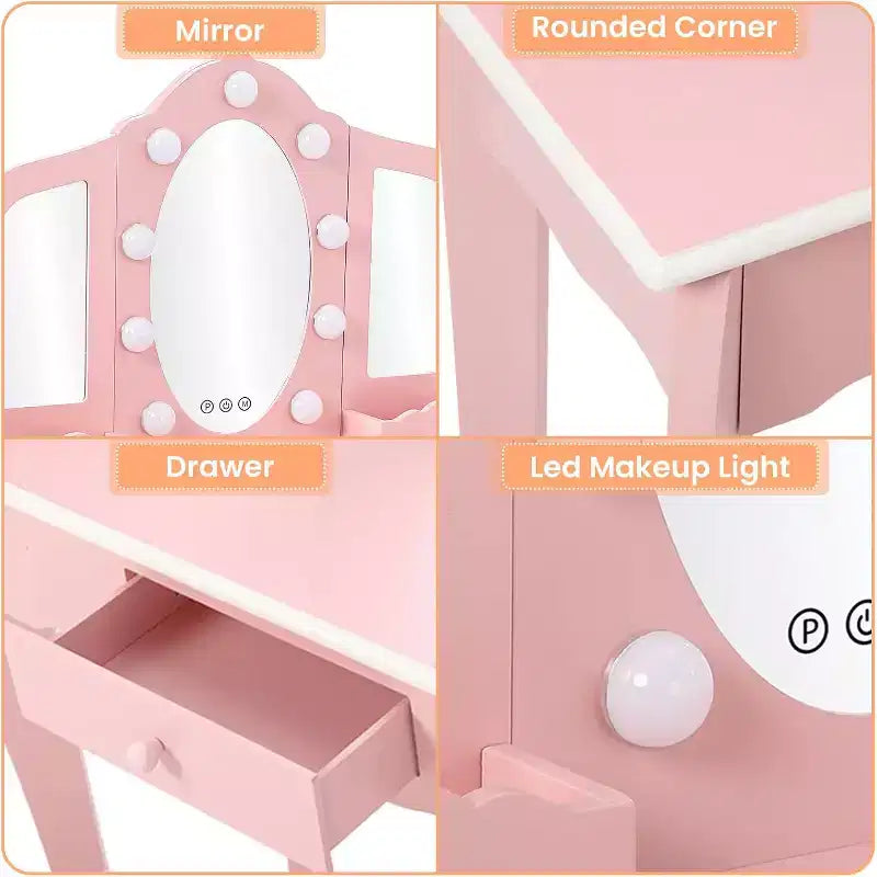 Vanity Set with 3 Mirrors, Pretend Play Girls Vanity Table and Chair Set with Lighted Mirror