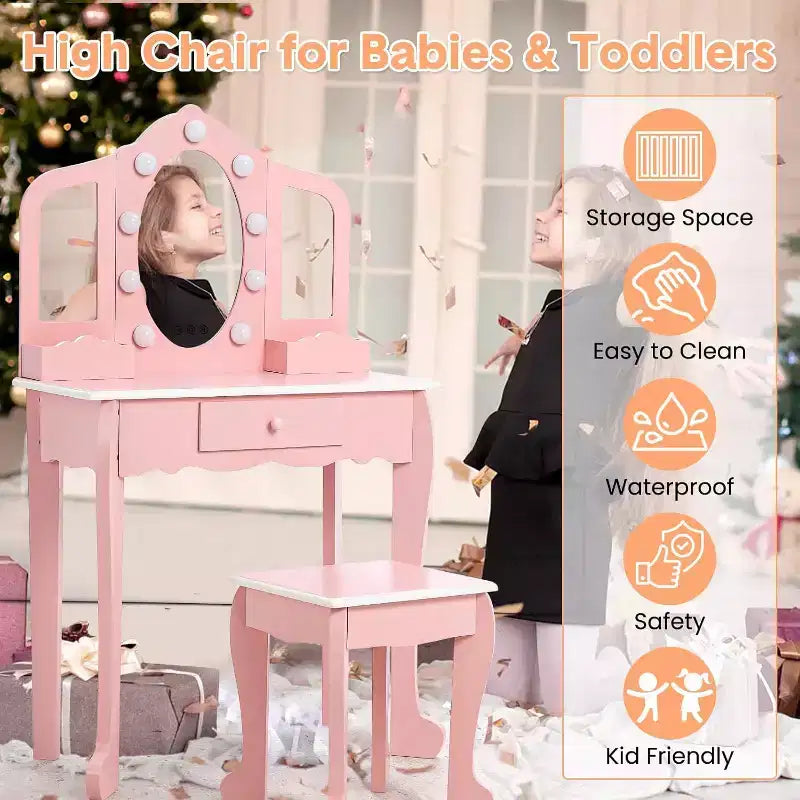 Vanity Set with 3 Mirrors, Pretend Play Girls Vanity Table and Chair Set with Lighted Mirror