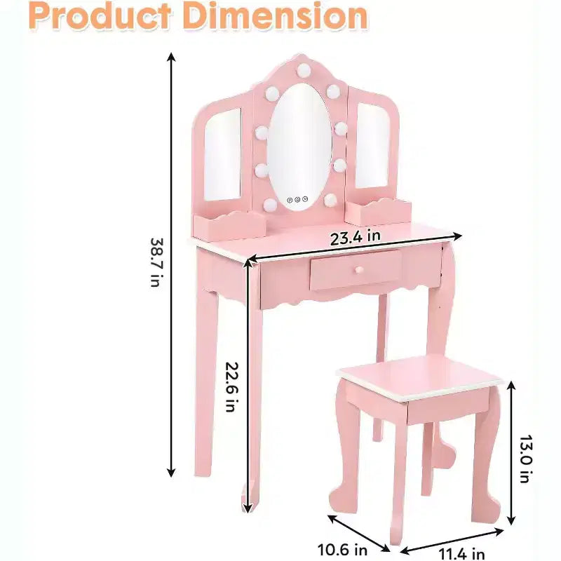 Vanity Set with 3 Mirrors, Pretend Play Girls Vanity Table and Chair Set with Lighted Mirror