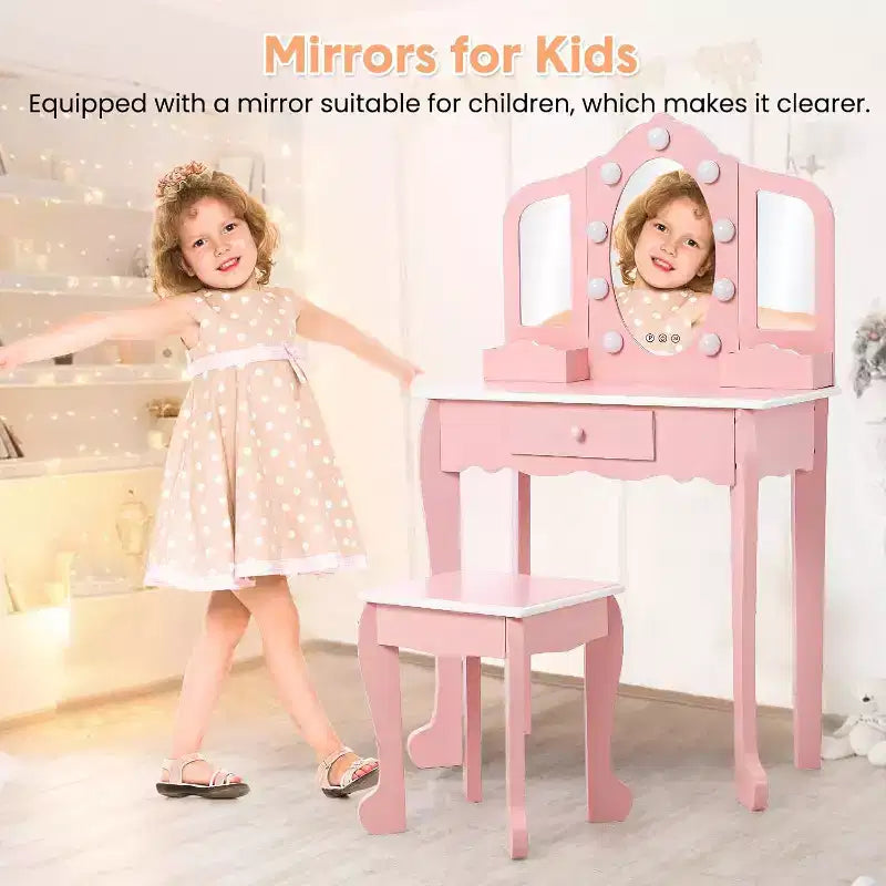Vanity Set with 3 Mirrors, Pretend Play Girls Vanity Table and Chair Set with Lighted Mirror