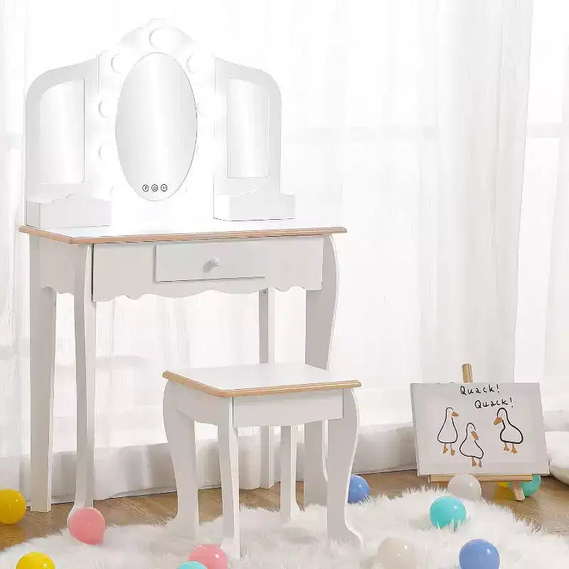 Vanity Set with 3 Mirrors, Pretend Play Girls Vanity Table and Chair Set with Lighted Mirror
