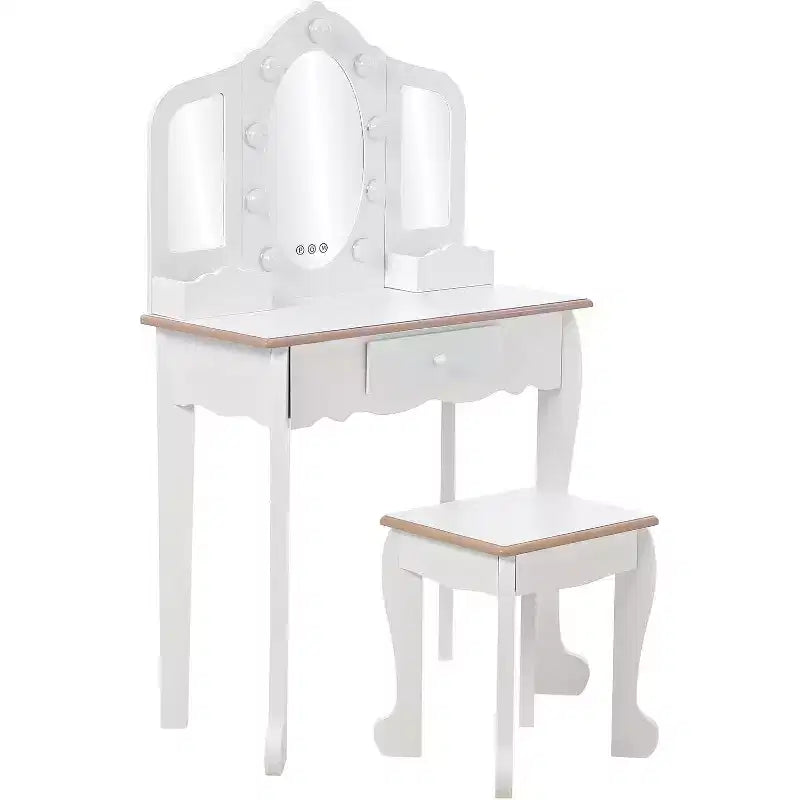Vanity Set with 3 Mirrors, Pretend Play Girls Vanity Table and Chair Set with Lighted Mirror