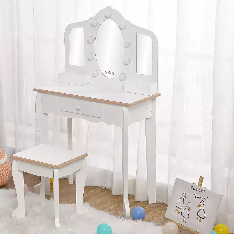 Vanity Set with 3 Mirrors, Pretend Play Girls Vanity Table and Chair Set with Lighted Mirror