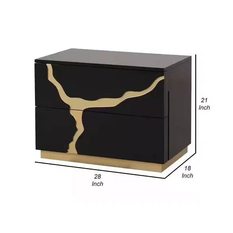 Royal Hampton Nightstand, 2 Drawers, Gold and Black Solid Wood, 28 Inch