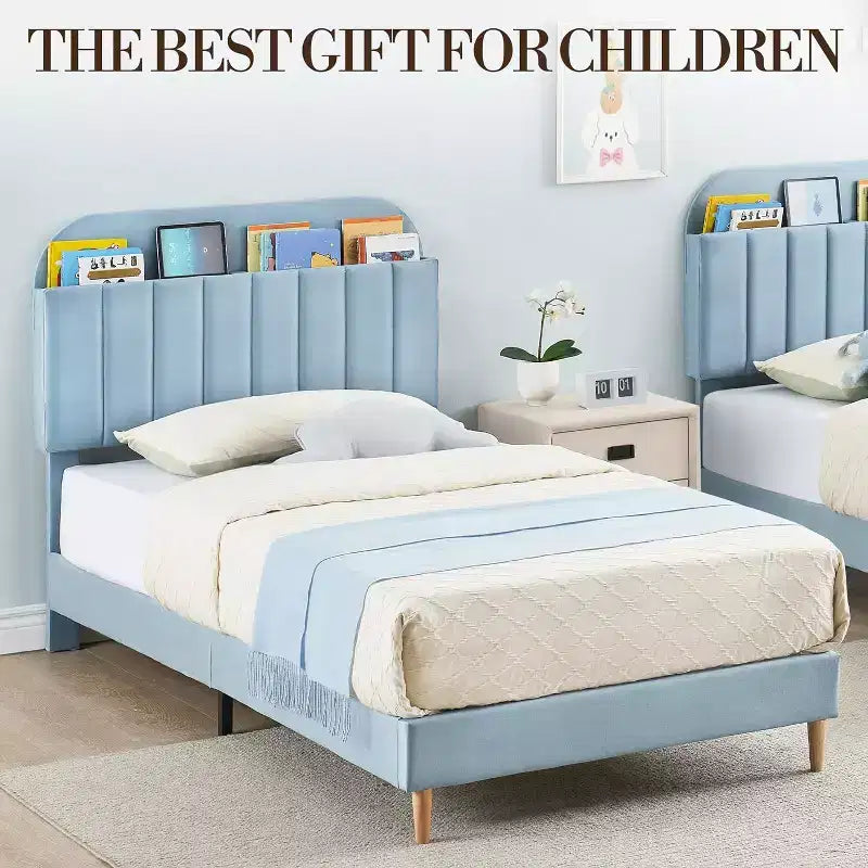 Double bed frame with bookshelf headboard, padded platform, children's bed frame, double bed size, slatted support, no spring mattress required.