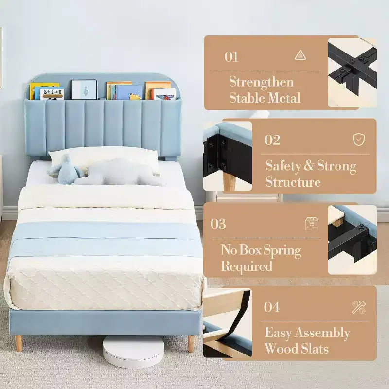 Double bed frame with bookshelf headboard, padded platform, children's bed frame, double bed size, slatted support, no spring mattress required.
