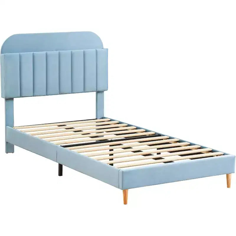 Double bed frame with bookshelf headboard, padded platform, children's bed frame, double bed size, slatted support, no spring mattress required.