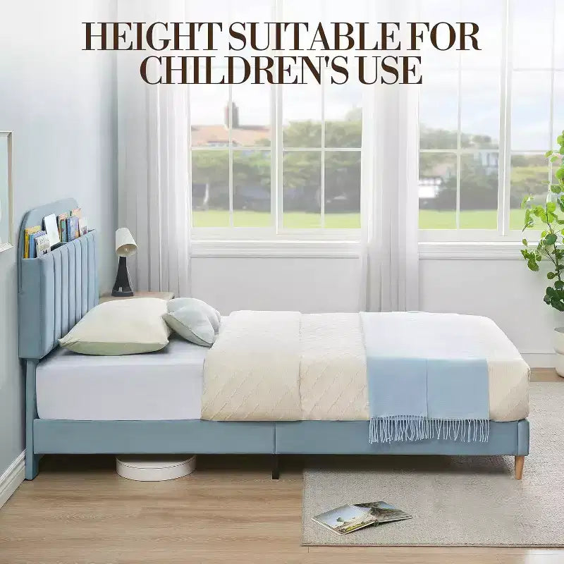 Double bed frame with bookshelf headboard, padded platform, children's bed frame, double bed size, slatted support, no spring mattress required.