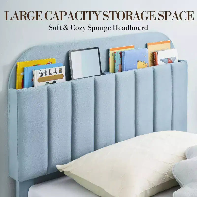 Double bed frame with bookshelf headboard, padded platform, children's bed frame, double bed size, slatted support, no spring mattress required.