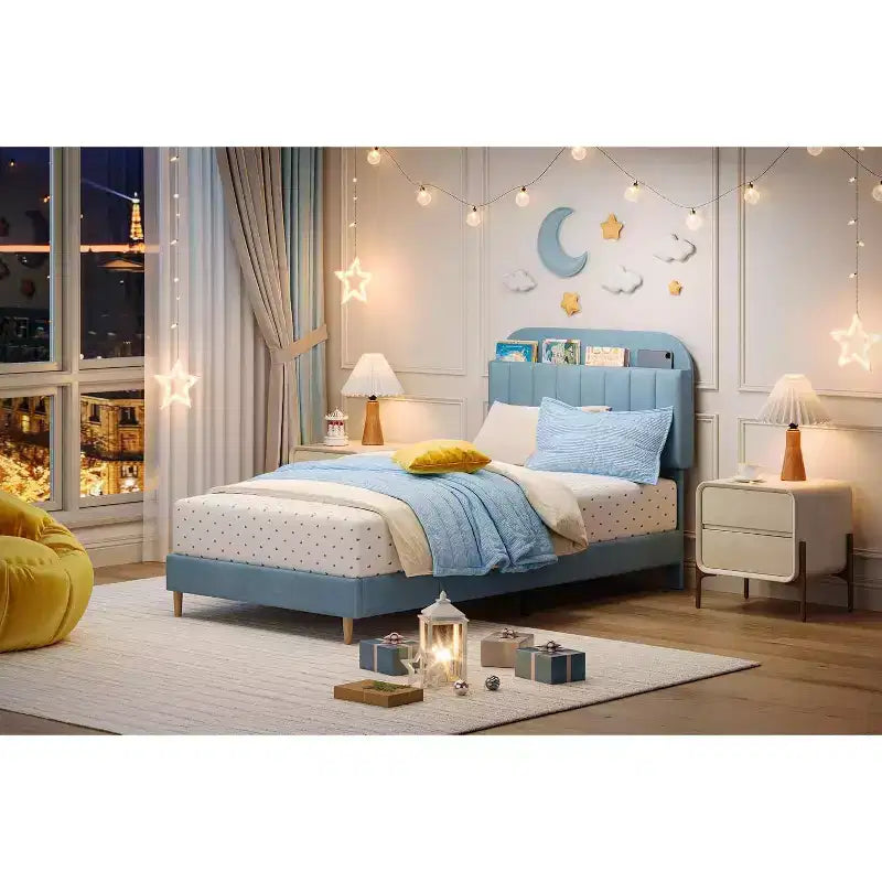 Double bed frame with bookshelf headboard, padded platform, children's bed frame, double bed size, slatted support, no spring mattress required.