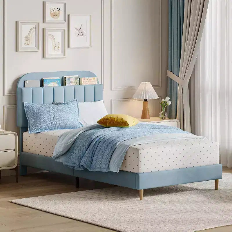 Double bed frame with bookshelf headboard, padded platform, children's bed frame, double bed size, slatted support, no spring mattress required.