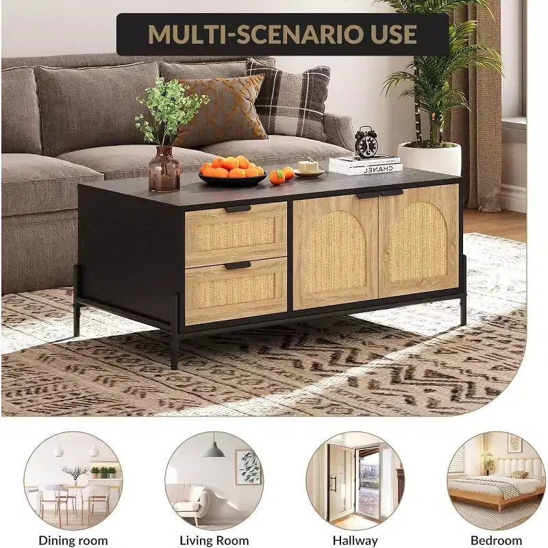 Coffee Table with Open Shelves, 2 Tier Modern Industrial Design for Living Room