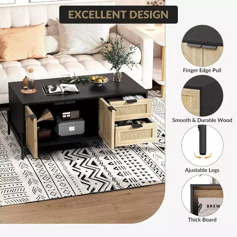 Coffee Table with Open Shelves, 2 Tier Modern Industrial Design for Living Room