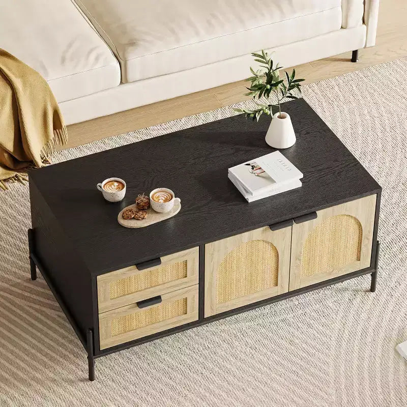 Coffee Table with Open Shelves, 2 Tier Modern Industrial Design for Living Room