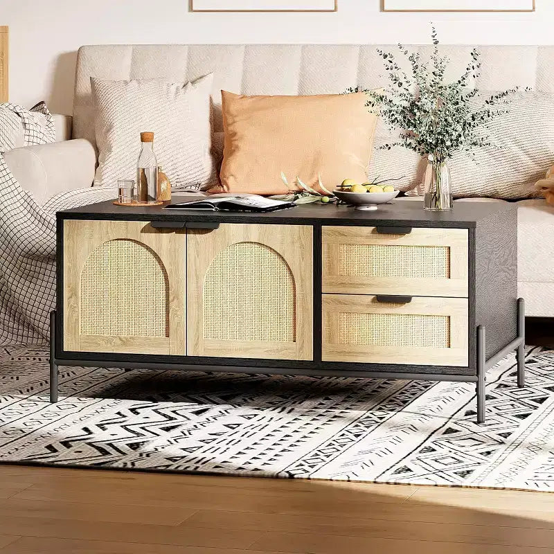 Coffee Table with Open Shelves, 2 Tier Modern Industrial Design for Living Room