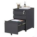 Three-drawer mobile filing cabinet with lock and anti-tip casters, designed for home office use under desks. Metal cabinet for storing letters
