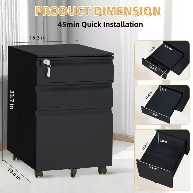 Three-drawer mobile filing cabinet with lock and anti-tip casters, designed for home office use under desks. Metal cabinet for storing letters