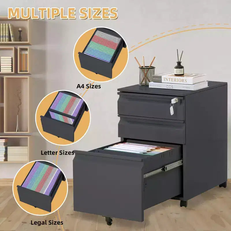 Three-drawer mobile filing cabinet with lock and anti-tip casters, designed for home office use under desks. Metal cabinet for storing letters