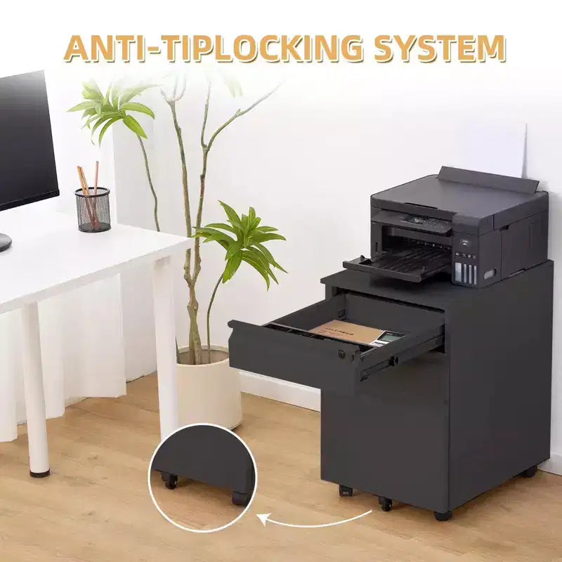 Three-drawer mobile filing cabinet with lock and anti-tip casters, designed for home office use under desks. Metal cabinet for storing letters
