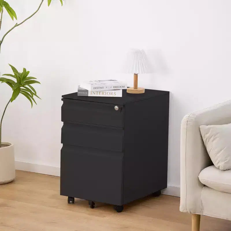 Three-drawer mobile filing cabinet with lock and anti-tip casters, designed for home office use under desks. Metal cabinet for storing letters