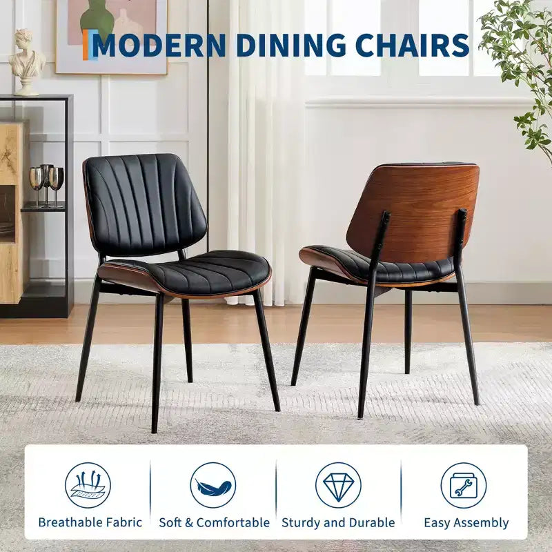 Dining Chairs Set of 2, PU Leather Upholstered Accent Chairs, Bentwood Back and Metal Legs, Shell Strips, for Home