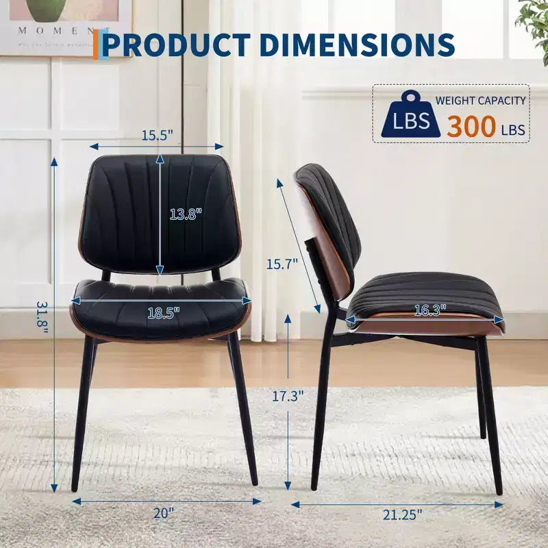 Dining Chairs Set of 2, PU Leather Upholstered Accent Chairs, Bentwood Back and Metal Legs, Shell Strips, for Home