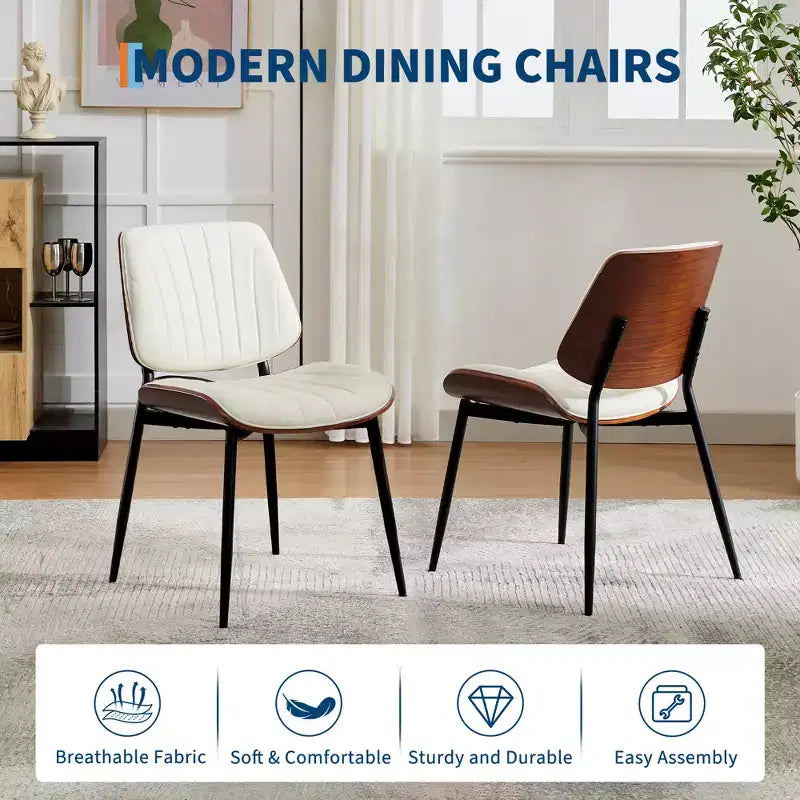 Dining Chairs Set of 2, PU Leather Upholstered Accent Chairs, Bentwood Back and Metal Legs, Shell Strips, for Home