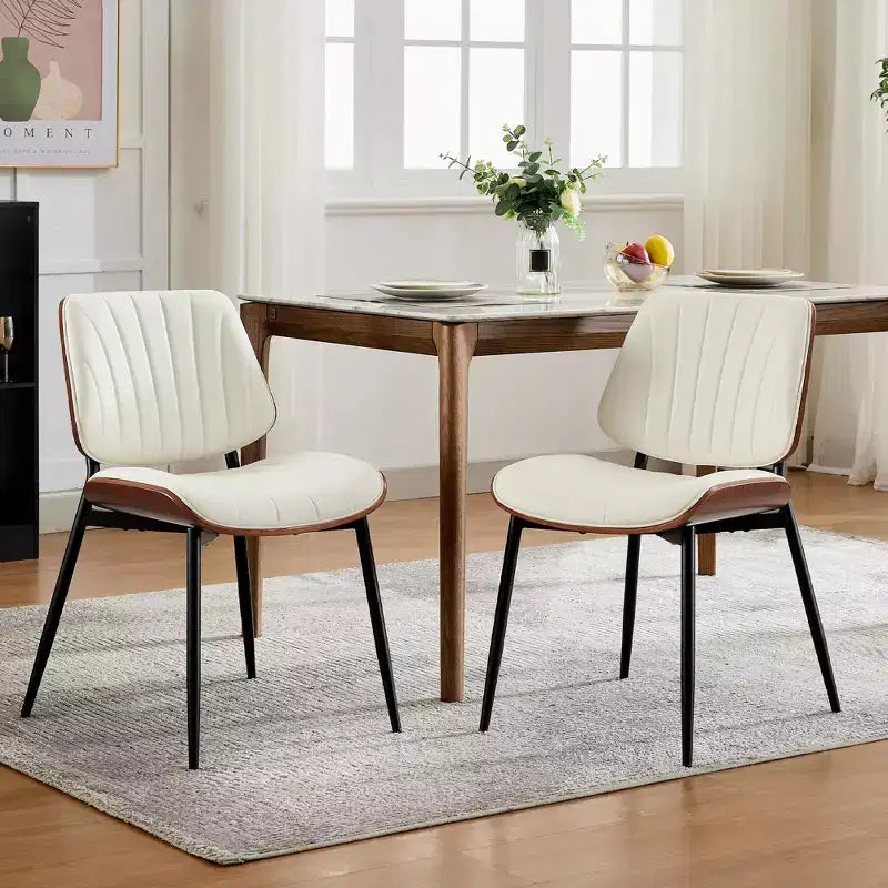 Dining Chairs Set of 2, PU Leather Upholstered Accent Chairs, Bentwood Back and Metal Legs, Shell Strips, for Home