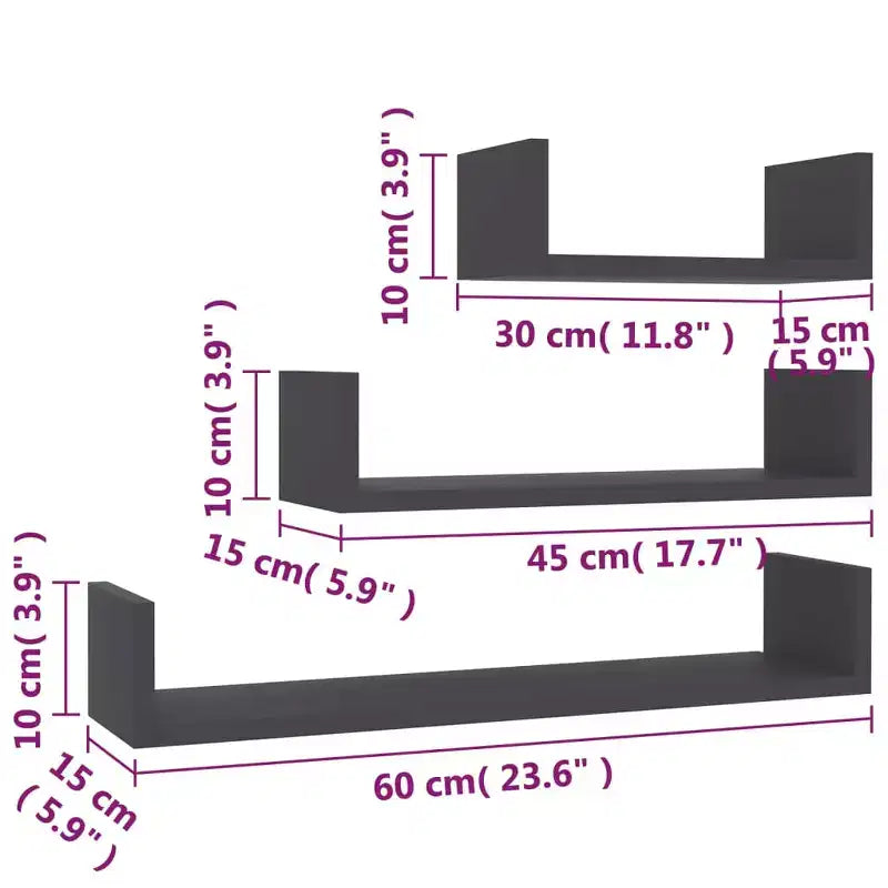 Étagères - Lot de 3 - Bois composite gris - Tailles variées jusqu'à 60 cm