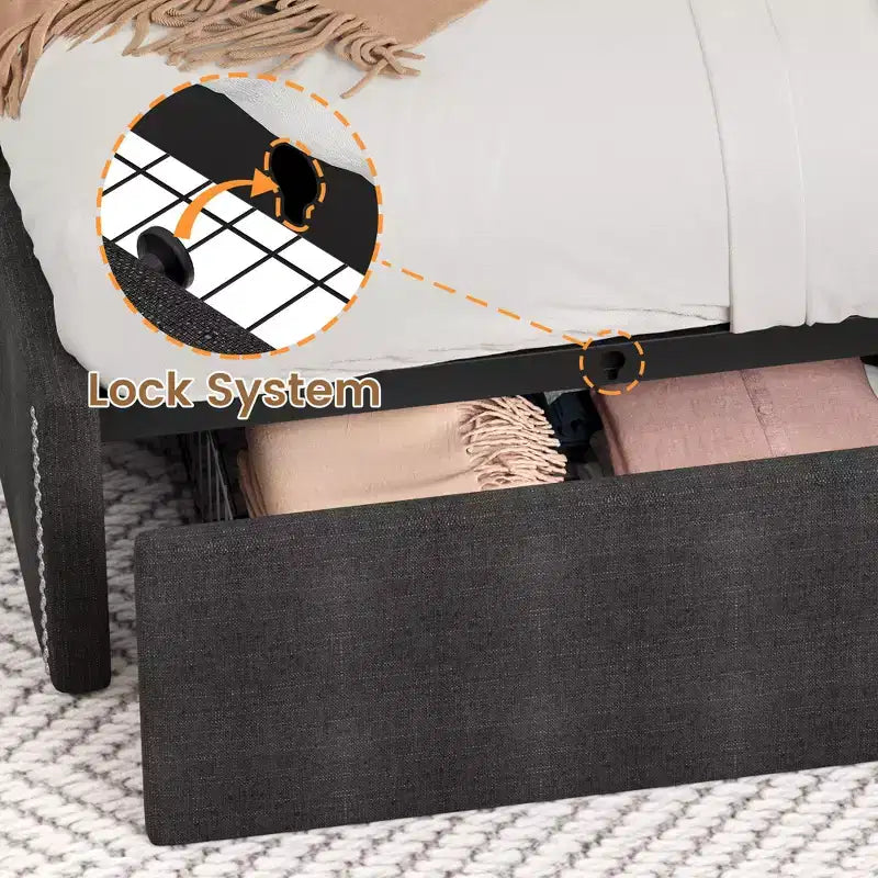 Bed Frame with 4 Storage Drawers, Bed Frame with Wing Back Headboard, Charging Station, Diamond Cluster Design, No Spring Box,
