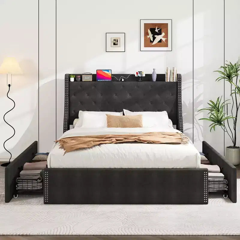 Bed Frame with 4 Storage Drawers, Bed Frame with Wing Back Headboard, Charging Station, Diamond Cluster Design, No Spring Box,
