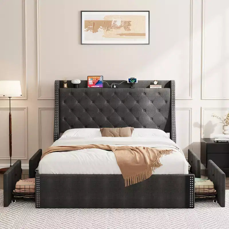 Bed Frame with 4 Storage Drawers, Bed Frame with Wing Back Headboard, Charging Station, Diamond Cluster Design, No Spring Box,