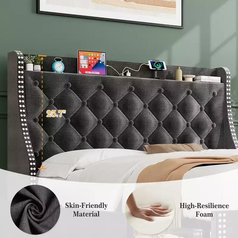 Bed Frame with 4 Storage Drawers, Bed Frame with Wing Back Headboard, Charging Station, Diamond Cluster Design, No Spring Box,