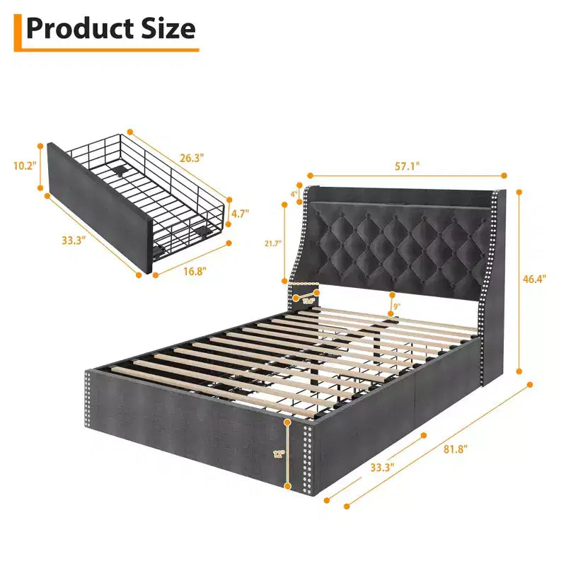 Bed Frame with 4 Storage Drawers, Bed Frame with Wing Back Headboard, Charging Station, Diamond Cluster Design, No Spring Box,