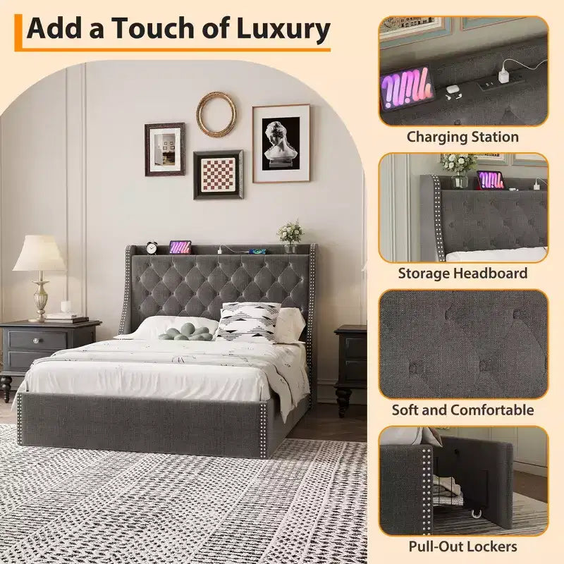Bed Frame with 4 Storage Drawers, Bed Frame with Wing Back Headboard, Charging Station, Diamond Cluster Design, No Spring Box,