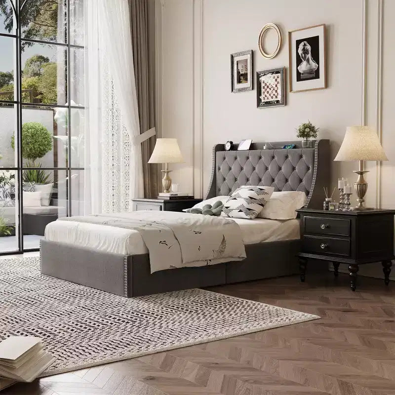 Bed Frame with 4 Storage Drawers, Bed Frame with Wing Back Headboard, Charging Station, Diamond Cluster Design, No Spring Box,