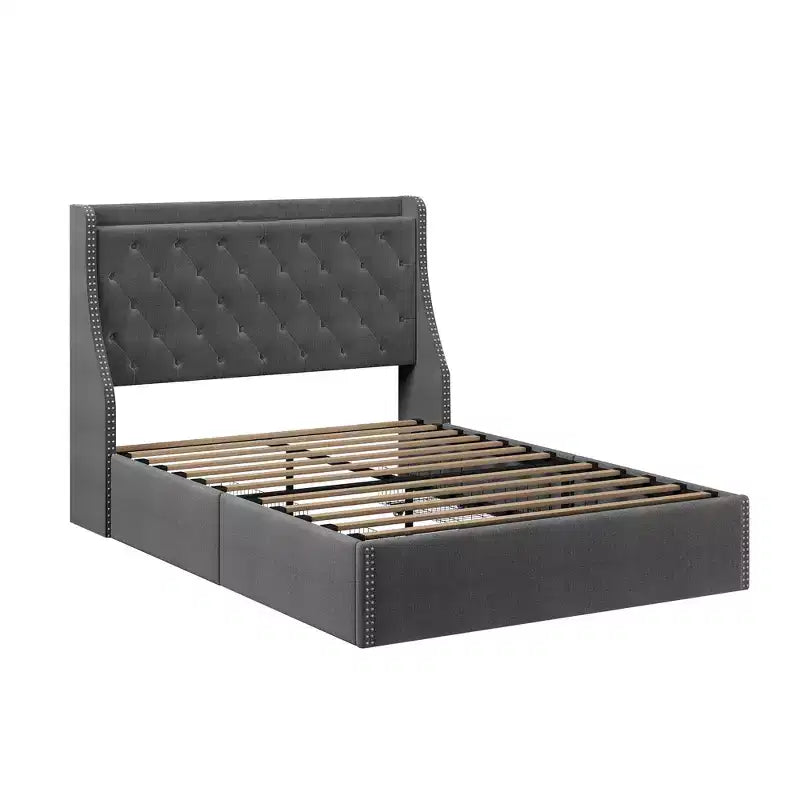 Bed Frame with 4 Storage Drawers, Bed Frame with Wing Back Headboard, Charging Station, Diamond Cluster Design, No Spring Box,