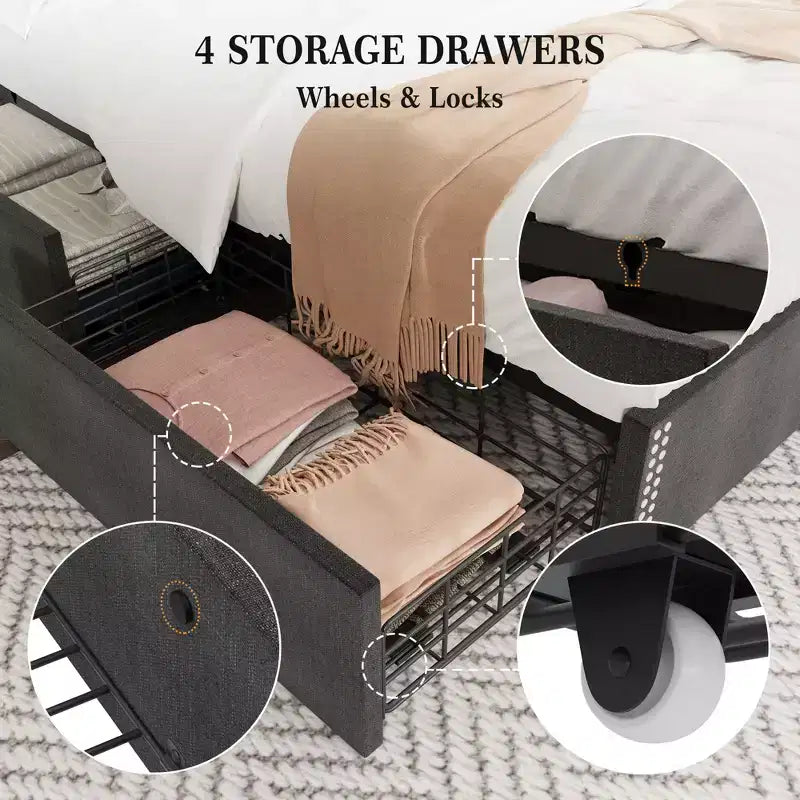 Bed Frame with 4 Storage Drawers, Bed Frame with Wing Back Headboard, Charging Station, Diamond Cluster Design, No Spring Box,