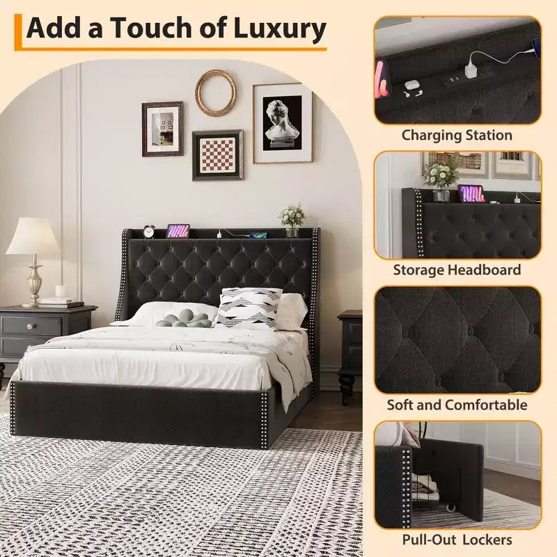 Bed Frame with 4 Storage Drawers, Bed Frame with Wing Back Headboard, Charging Station, Diamond Cluster Design, No Spring Box,