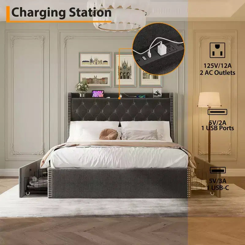 Bed Frame with 4 Storage Drawers, Bed Frame with Wing Back Headboard, Charging Station, Diamond Cluster Design, No Spring Box,