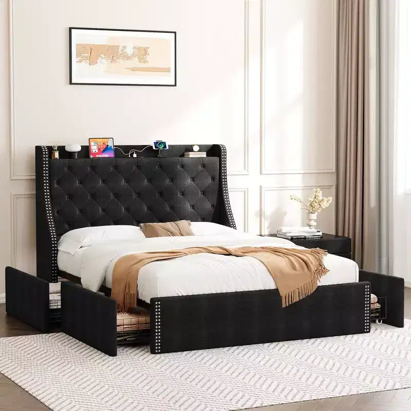 Bed Frame with 4 Storage Drawers, Bed Frame with Wing Back Headboard, Charging Station, Diamond Cluster Design, No Spring Box,