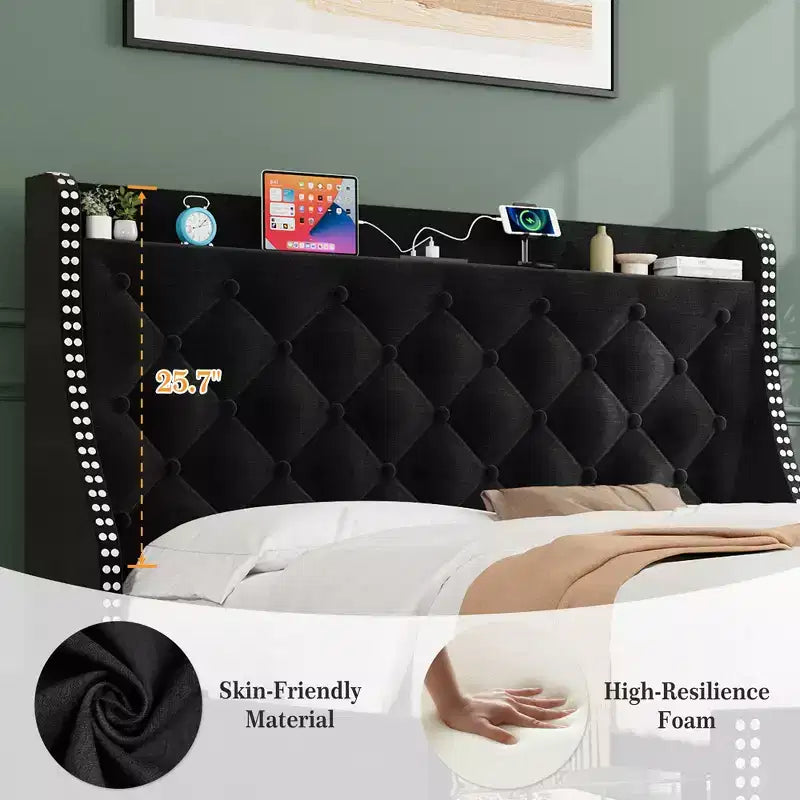 Bed Frame with 4 Storage Drawers, Bed Frame with Wing Back Headboard, Charging Station, Diamond Cluster Design, No Spring Box,